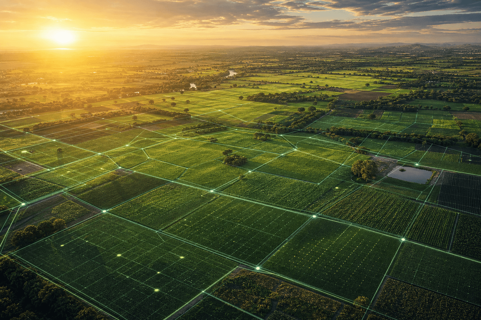 Aerial view of mapped crop blocks with digital grid overlay